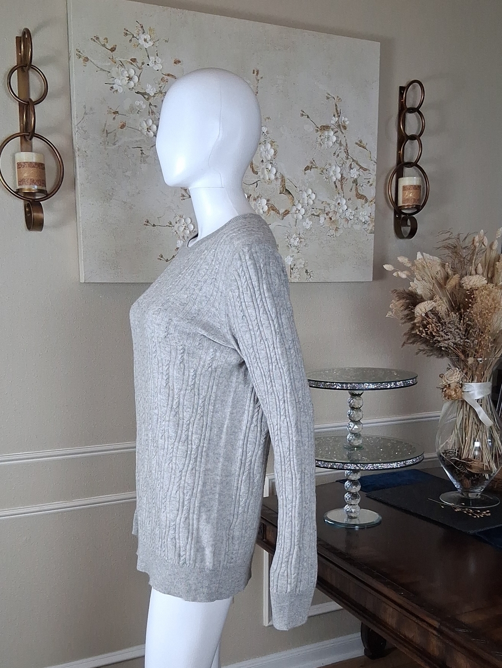 Women's Cable-Knit Crewneck Light Gray Merino Cashemere Blend Large - Picture 7 of 17